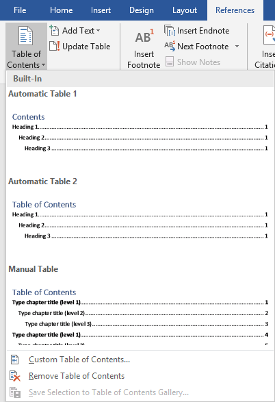 word build table of contents