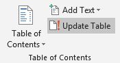 word table of contents update heading values pages
